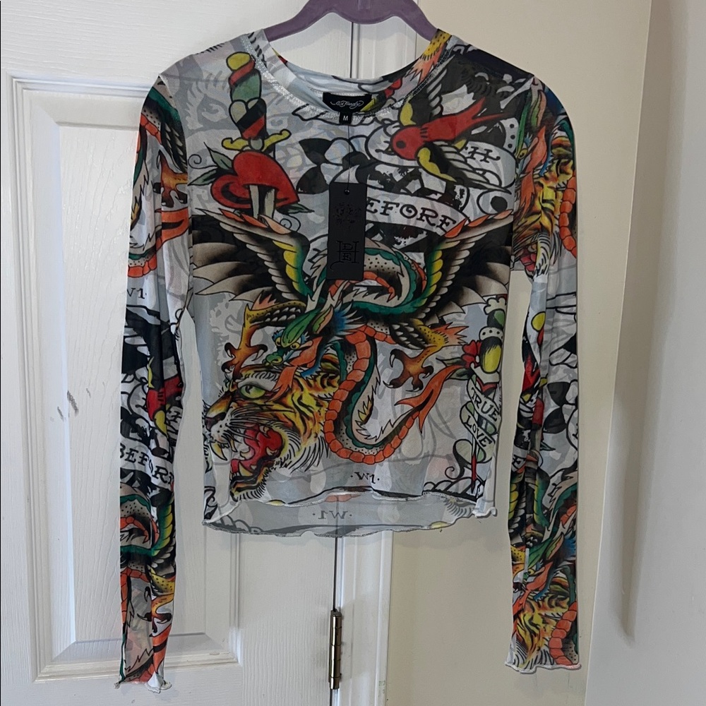 Ed Hardy Colorful Tattoo Print Women's Blouse
